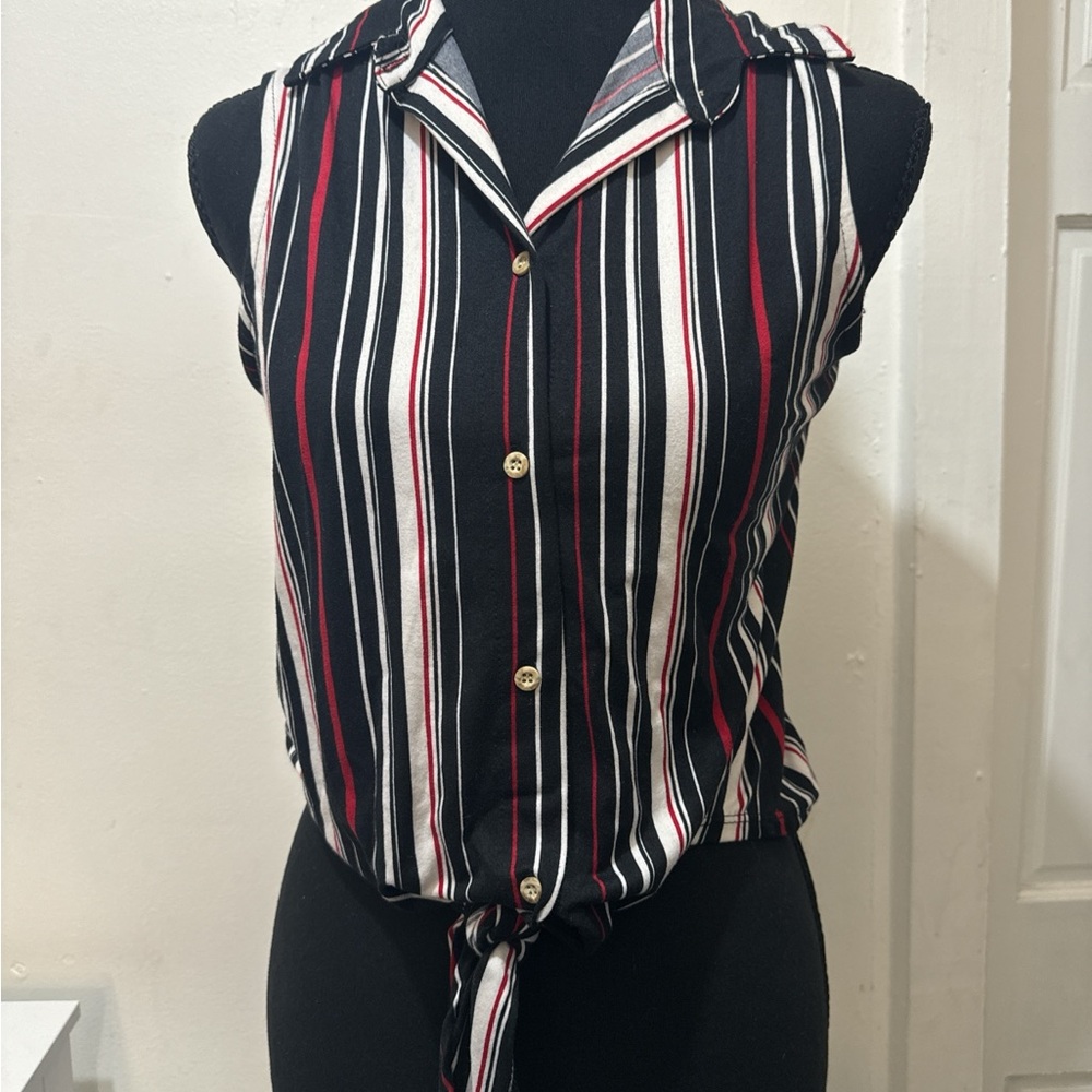 Striped Sleeveless Button-Up Top - Black, White, Red